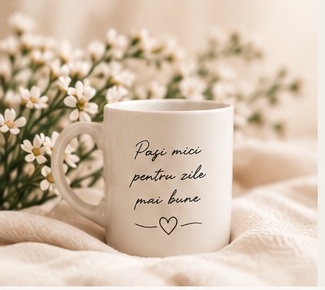 Cană albă cu mesajul Pași mici pentru zile mai bune, alături de flori